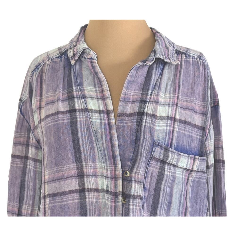 FREE PEOPLE Washed Away Plaid Pullover Top Purple Flannel Asymmetrical Size L - Picture 5 of 12